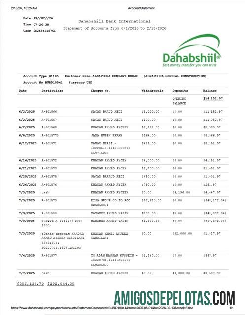 Modelo realista de extrato de conta internacional do Somália Dahabshiil Bank em Word e PDF